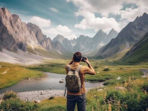 A male tourist with a backpack and a camera in the beautiful mountains takes pictures of the landscape. The blue sky with clouds and large beautiful mountains with a lake are photographed by a tourist