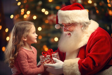 Fototapeta na wymiar Kind santa claus wearing red suit and hat gives christmas gifts to little cute girl