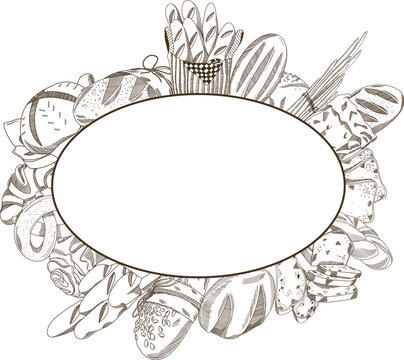 recommend clip art: Vector hand drawn oval frame border of bakery products, ink sketch style illustration