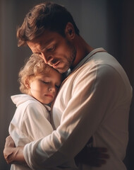 A loving father and child are sitting in the room, and the father tenderly hugs his child. The love of father and child. Father's Day. Happy dad.