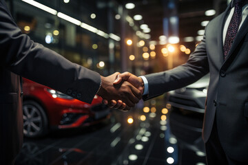 Buyer shakes hands with sales agent after successfully buying car at dealership