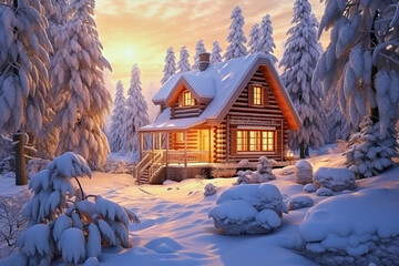 Fairytale wooden house in a snowy forest in winter time