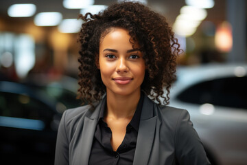 woman dealer or buyer stands in salon of expensive cars - obrazy, fototapety, plakaty