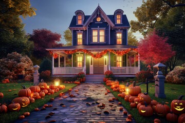 Halloween card. Porch of the house decorated with jack-o-lantern pumpkins