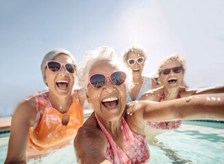 Active senior women enjoying aquafit class in pool. Embodying healthy, retirement lifestyle.