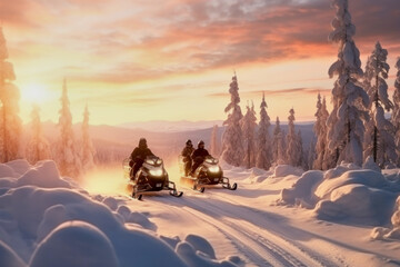 Active fast driving snowmobile on snow covered track - obrazy, fototapety, plakaty