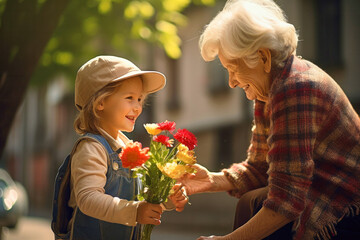 Little cute joyful grandchild gives flowers to smiling beloved grandmother on a holiday day - obrazy, fototapety, plakaty