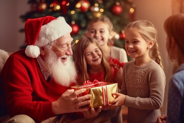 Fototapeta na wymiar Happy satisfied grandfather wearing red santa hat giving his cute smiling little grandchildren christmas gifts