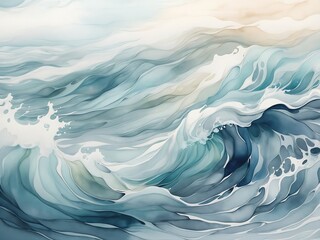 an abstract watercolor texture inspired by the movement of waves, using soft, flowing lines and cool, aquatic tones to convey a sense of serenity.