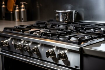 Fototapeta na wymiar Kitchen gas range with burners and oven in a flat. Generative AI
