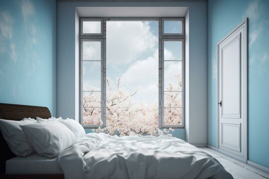 Bedroom with a view of the sky, clouds, and a blooming flower. Generative AI