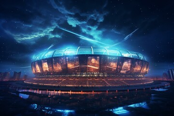 Nighttime stadium with illuminated lights. Generative AI