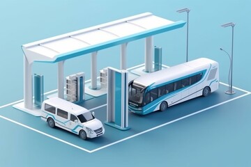 Station and bus with open hood, hydrogen cylinder. Clean, eco-friendly transportation. Generative AI