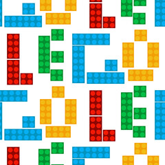 Seamless pattern of colored plastic and the name of the designer. blocks. Flat vector illustration on a white background. Details of different sizes and colors. Printing on textiles and paper