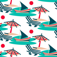 Summer seamless vector pattern. Vintage colors, view of the Riviera beach. Sun loungers, umbrellas, beach, sunset sea, sail, boat on a white background. Texture in the theme of relaxing on the beach