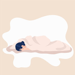 Depressed woman wrapped in blanket lies on floor. Powerless female in apathy. Girl without motivation. Mental health concept. Unhappy girl hiding face with hands.person under stress. flat illustration