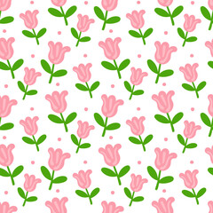 Seamless background of a blooming summer meadow with pink flowers. Vegetable background for fashion, wallpaper, printing. Large and small buds. Vector flowers in cartoon style. Children Flower design