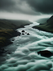 River fog realistic duotone storm cinematic.