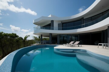 Obraz na płótnie Canvas Modern villa with stylish design, curved pool, and stunning ocean vista. Generative AI