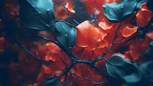 a picture of a dark, colored area, in the style of cellular formations, colorful curves, medical imaging film., tangled nests, focus on joints/connections, ray collins, aquirax uno