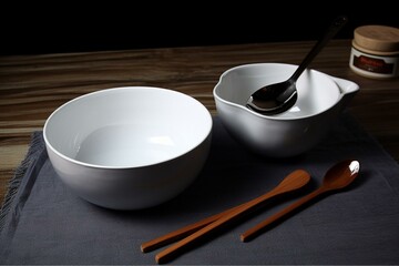 soup bowl spoon table cloth couple bowls. Generative AI