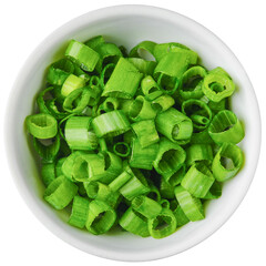 Top view of bowl with chopped spring onion - obrazy, fototapety, plakaty