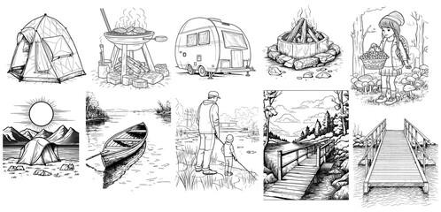 coloring book elements for Camping, isolated transparent on background, generated ai
