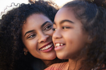 Mother, kid and smile outdoor together, bonding and having fun for healthy relationship. Happy mom, young girl and child with care, love and trust in support for connection of mama, family and play.