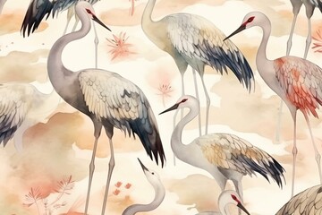 Watercolor pattern with elegant Japanese crane birds. Generative AI