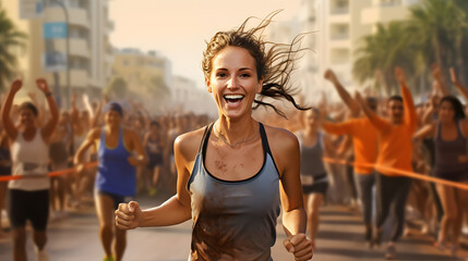 Experience the thrill of sports as a beautiful female runner achieves success, crossing the finish...