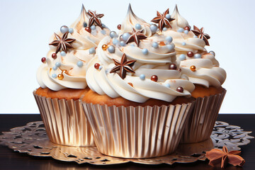 Three cupcakes with Christmas decorations, decorated with anise stars and sugar pearls. Copy space