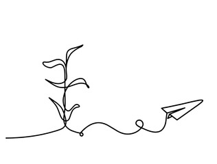 Abstract sprout with paper plane as line drawing on the white background. Vector