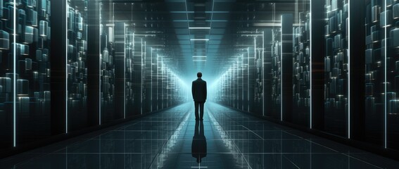 A man standing in a dimly lit server room