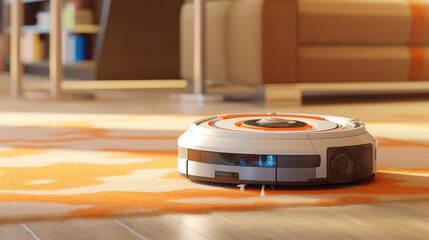 a robot vacuum cleaner working on a carpet in a new living room. Generative Ai