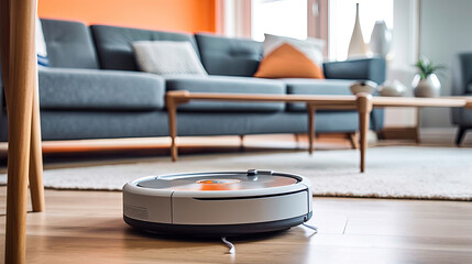 a robot vacuum cleaner working on a carpet in a new living room. Generative Ai