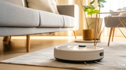 a robot vacuum cleaner working on a carpet in a new living room. Generative Ai
