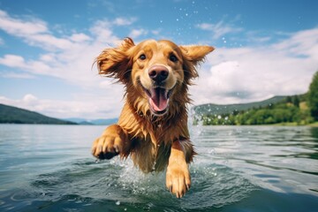 cute happy dog jump in lake in summer