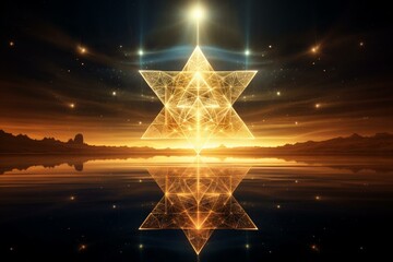 Astral space reflects a 3D merkaba in a mirror-like illusion. Generative AI