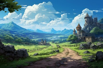 A scenic country road with beautiful anime-inspired and Dungeons & Dragons influenced surroundings. Generative AI