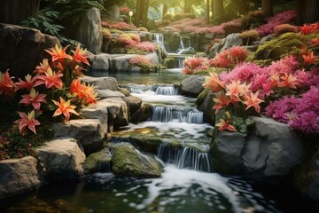 A beautiful natural scene with a cascading stream of water surrounded by vibrant lilies. Generative AI