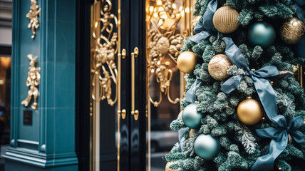 Christmas decoration details on English styled luxury high street city store door or shopping...