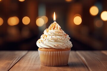 tasty birthday cupcake with candle on wooden talbe