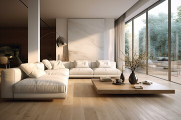 Contemporary lounge with bright wood flooring. Generative AI