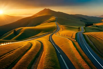 Aerial view of road, hills, green meadows and colorful trees at sunset in autumn. Top view of mountain rural road, golden sky. Beautiful landscape with roadway