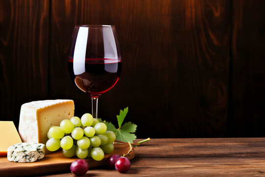 Photo of a rustic wine and cheese platter on a wooden table