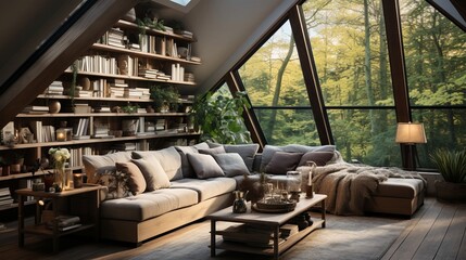 Cozy Scandinavian Farmhouse Attic Living Room with Corner Sofa and Stylish Shelving Unit