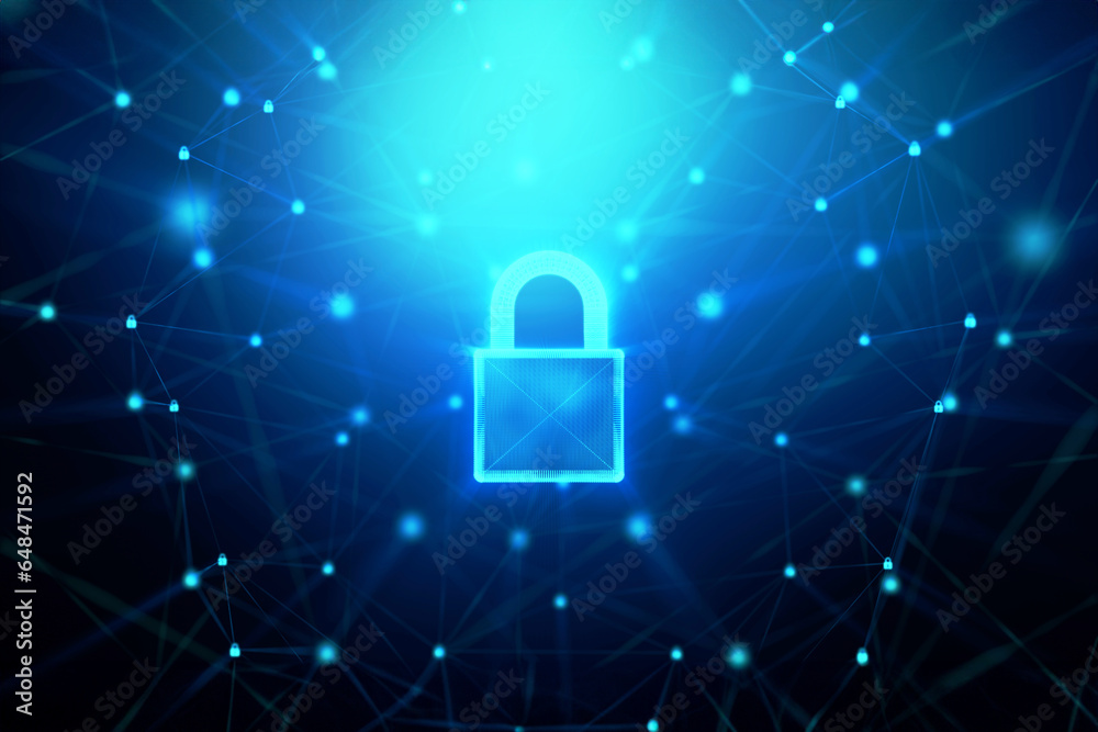 Poster 3d padlock with connection line, with lighting shallow depth of field and glitter effect, against 0 
