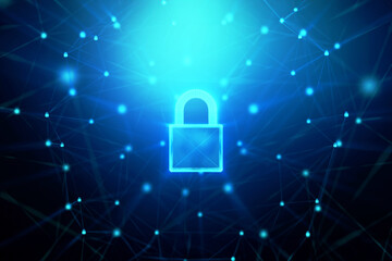 3D Padlock with connection line, with lighting shallow depth of field and glitter effect, against 0 1 binary digital number abstract background