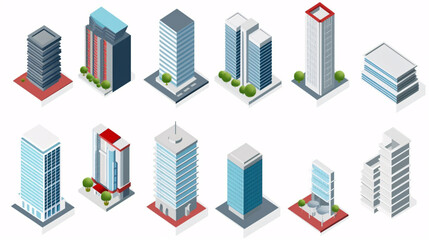 A 3D design collection featuring isometric skyscraper buildings, encompassing business offices and commercial towers