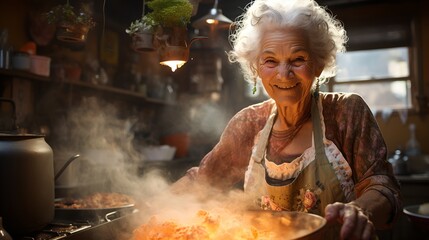 Fototapeta na wymiar An old woman cooking, generative ai